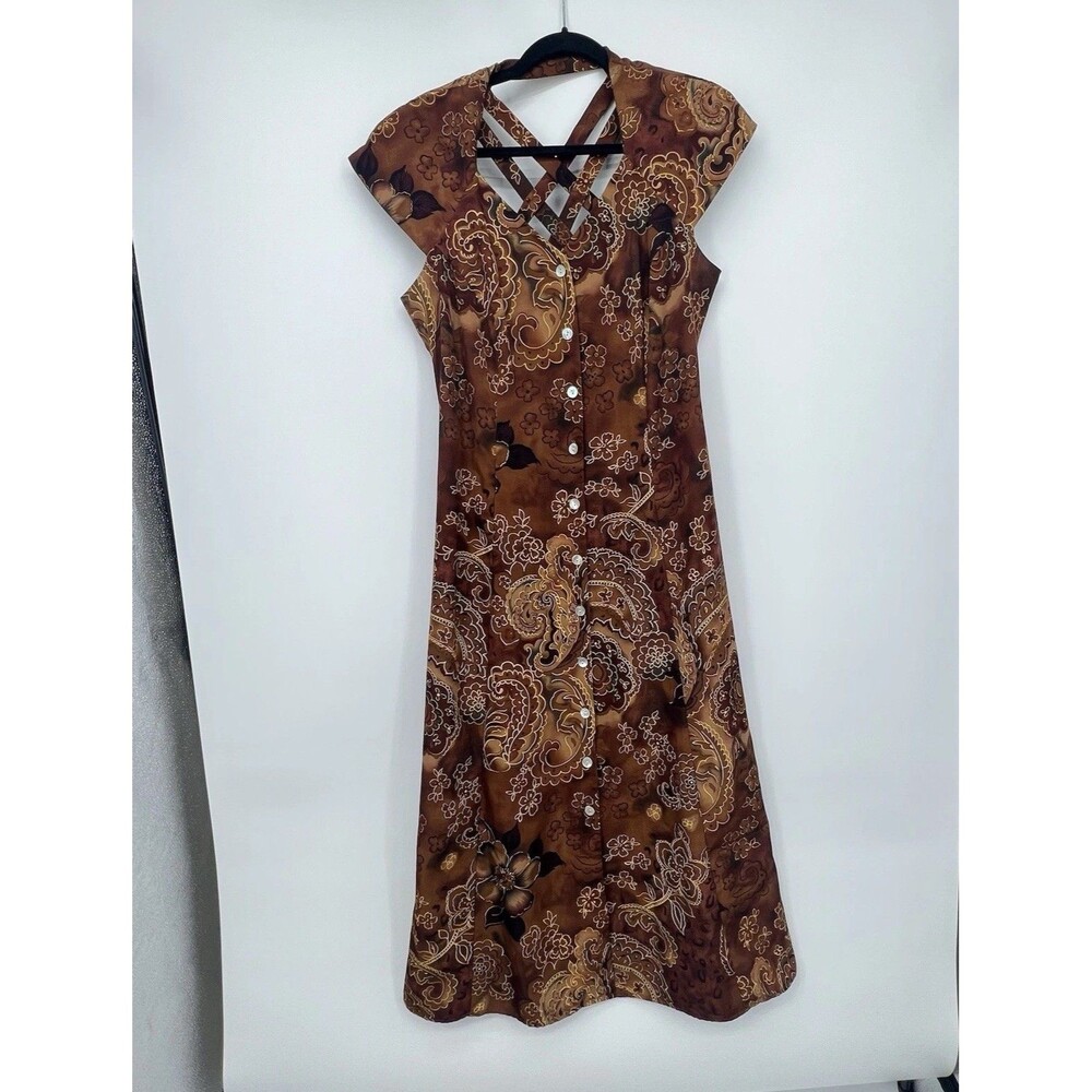 Vtg JBS Ltd Maxi Dress Button Front Sz 12 90s Y2K Boho Paisley Crisscross Back